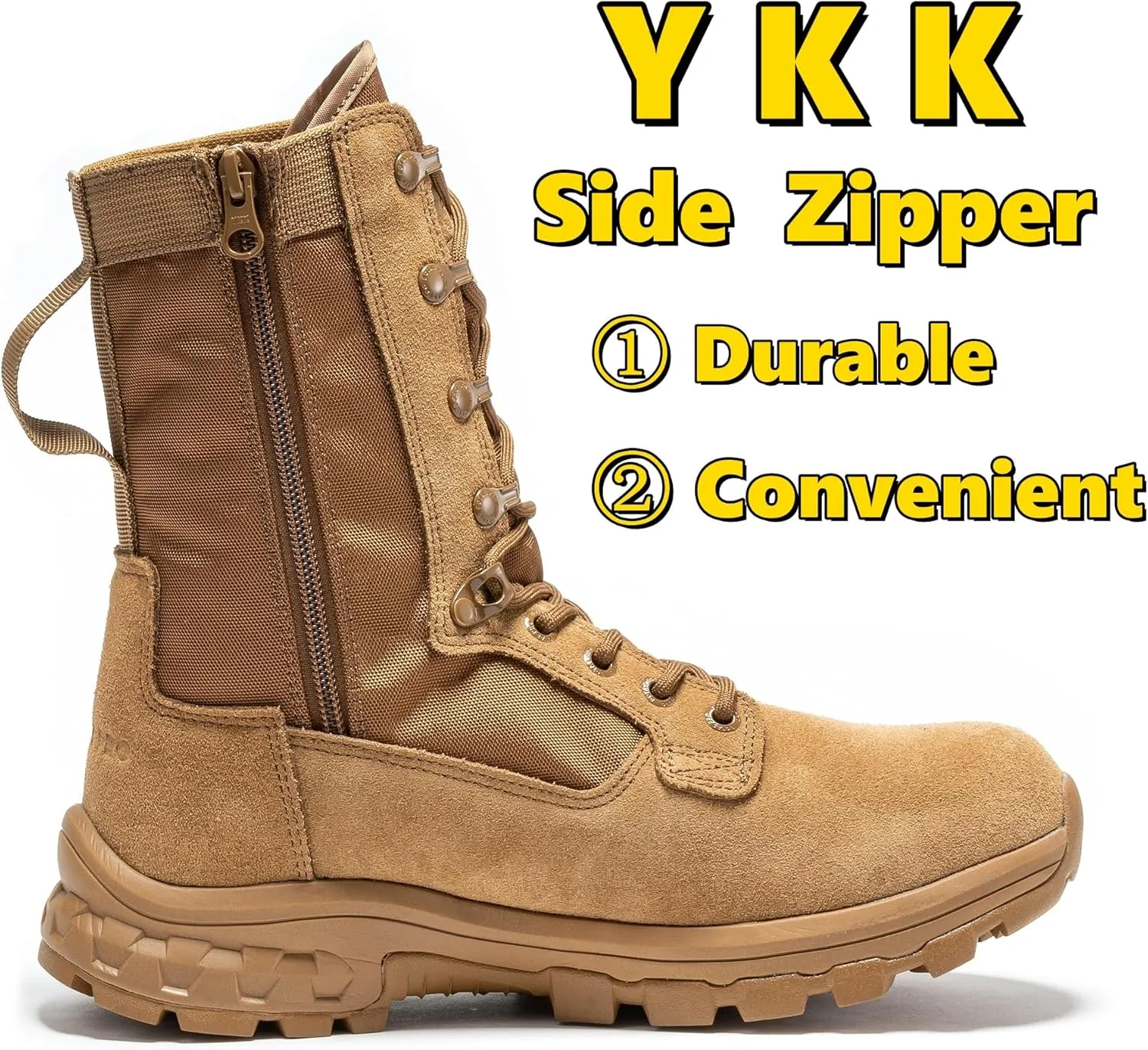 8 Inch Mens Lightweight Side Zip Tactical Boots, Comfortable Slip Resistant Rubber YKK Zipper Outdoor Hiking, EVA Cushioning Military Boot(BP401)