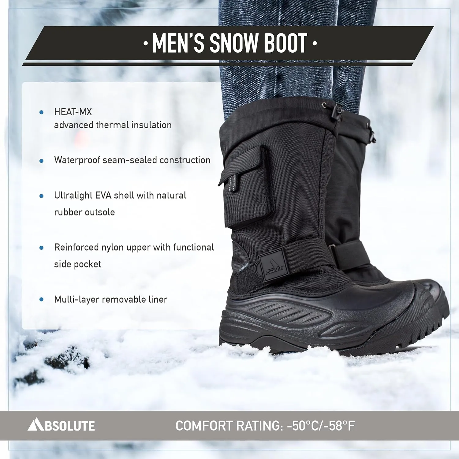 Absolute Scout 3 Tall Snow Winter Boots for Men, Warm, Insulated, Waterproof