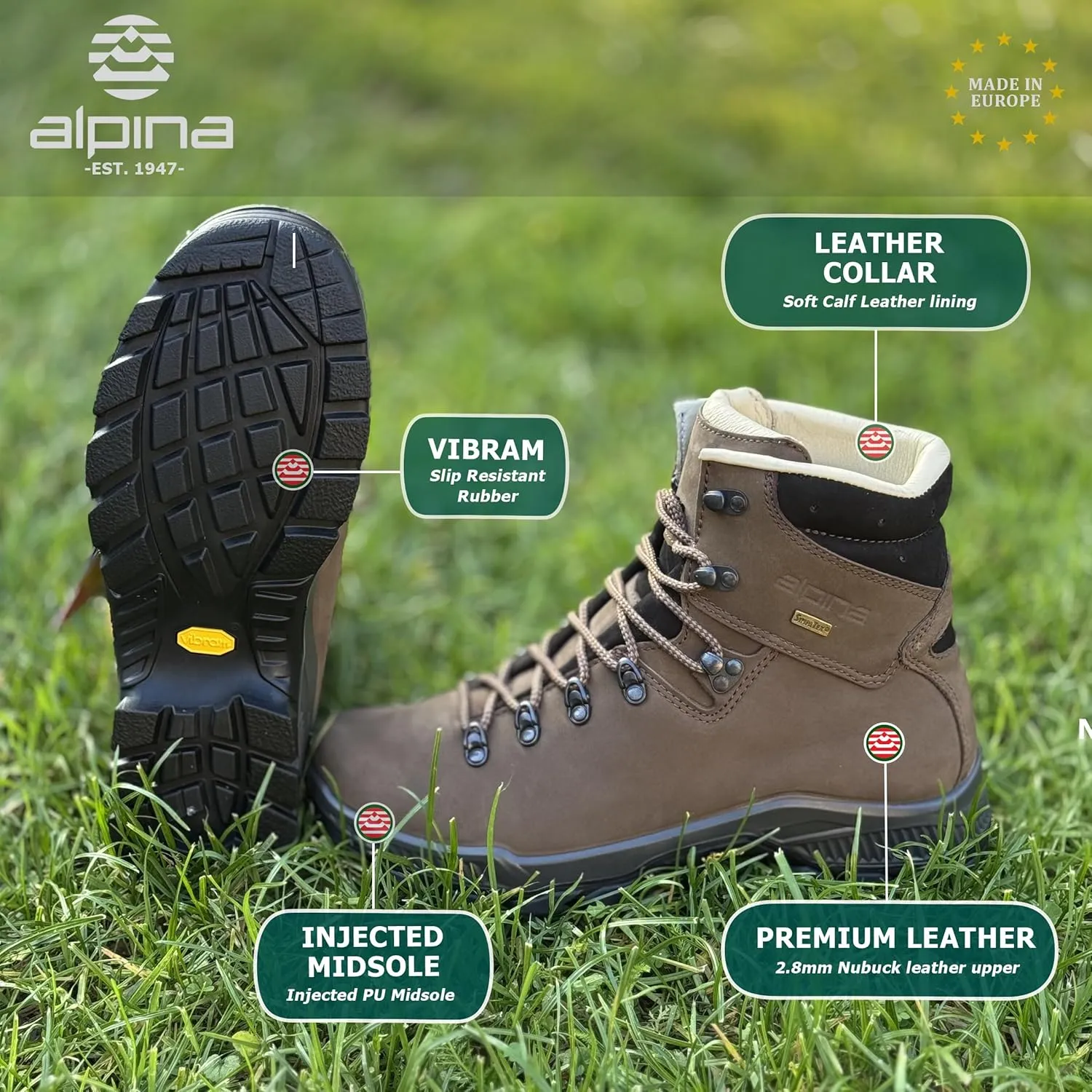 Alpina TIBET Women's Waterproof Boots - Hiking | Backpacking | Mountaineering | Premium Waterproof Ankle High Shoes | Vibram Sole | Breathable Sympatex Membrane | Made in Europe