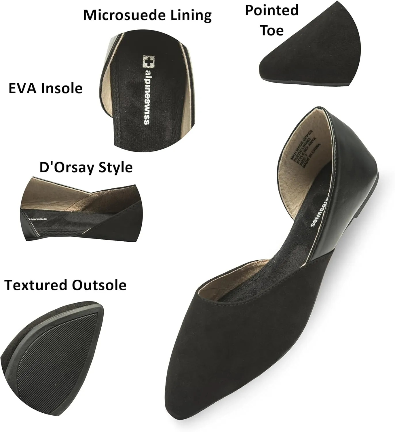 Alpine Swiss Anya Womens DOrsay Pointed Toe Ballet Flats Dressy Slip On Comfortable Shoes