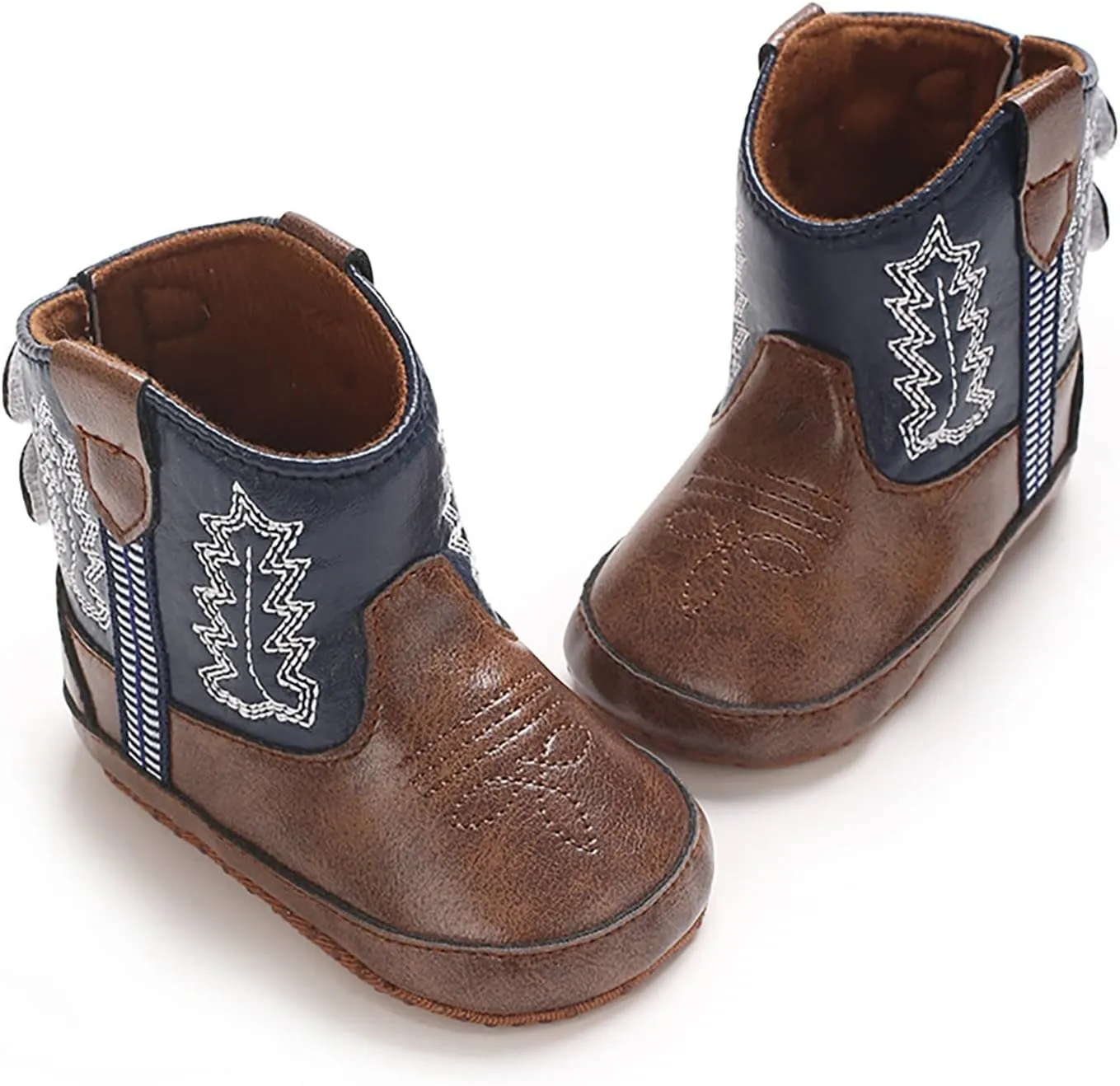Baby Girls Boys Leathe Western Boots Cowboy Bootie Soft Sole Non-Slip Crib Shoes for Infant Round Toe Ankle Boots
