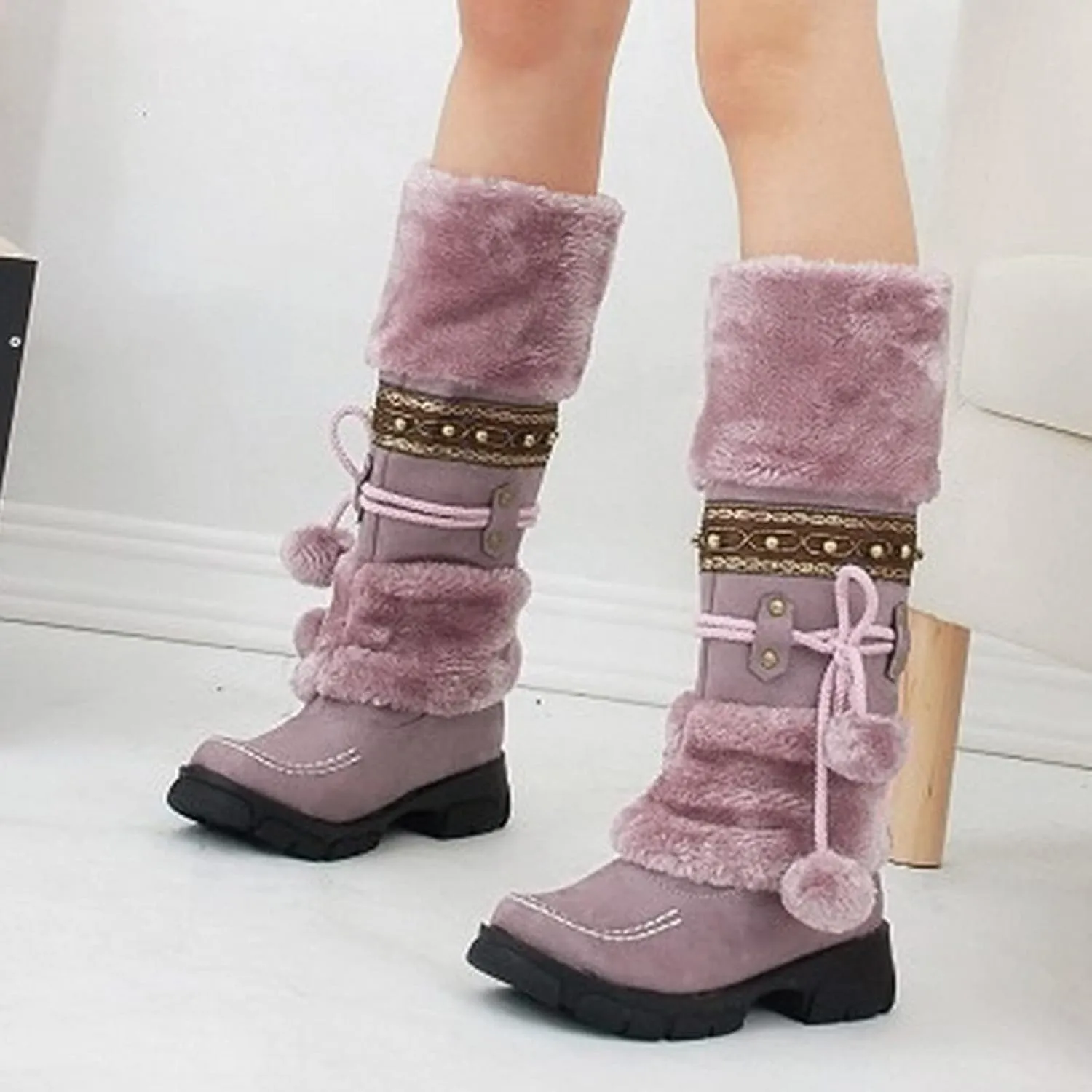 Bcshiye Women's Winter Snow Boots Retro Mid-Calf Fur Lined Warm Shoes Fashion Cold-Resistant Outdoor Knee High Boots