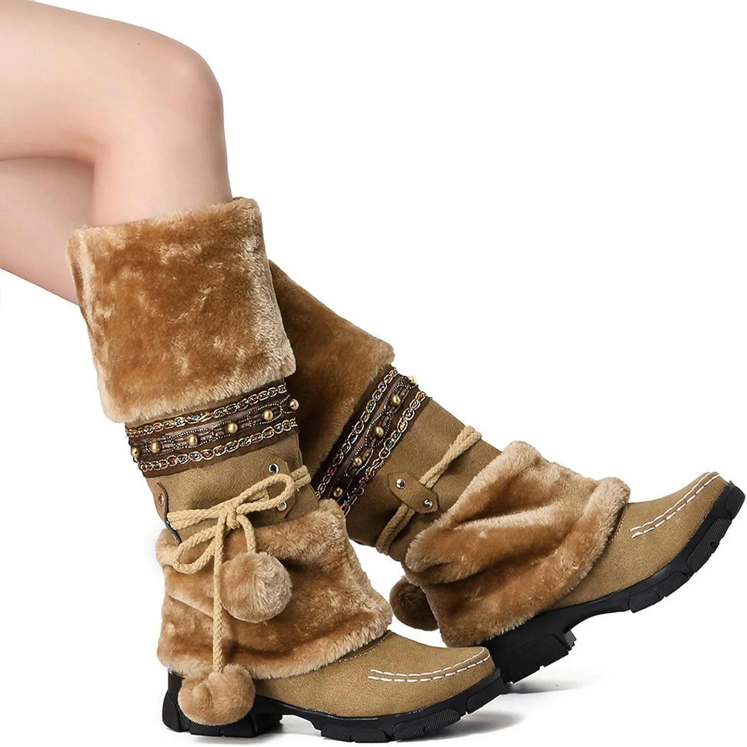 Bcshiye Women's Winter Snow Boots Retro Mid-Calf Fur Lined Warm Shoes Fashion Cold-Resistant Outdoor Knee High Boots