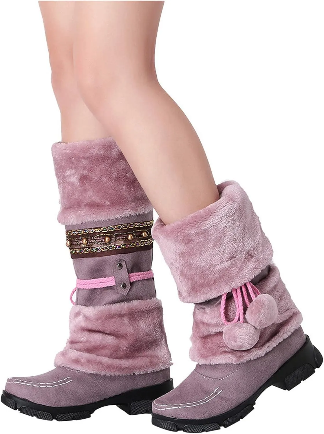 Bcshiye Women's Winter Snow Boots Retro Mid-Calf Fur Lined Warm Shoes Fashion Cold-Resistant Outdoor Knee High Boots