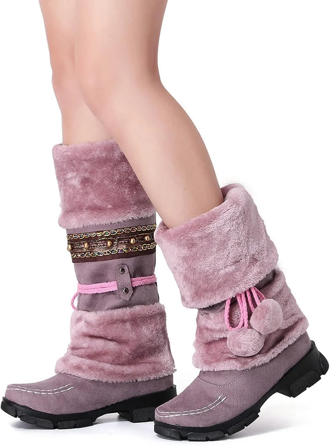 Bcshiye Women's Winter Snow Boots Retro Mid-Calf Fur Lined Warm Shoes Fashion Cold-Resistant Outdoor Knee High Boots