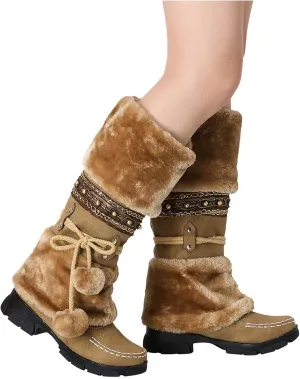 Bcshiye Women's Winter Snow Boots Retro Mid-Calf Fur Lined Warm Shoes Fashion Cold-Resistant Outdoor Knee High Boots