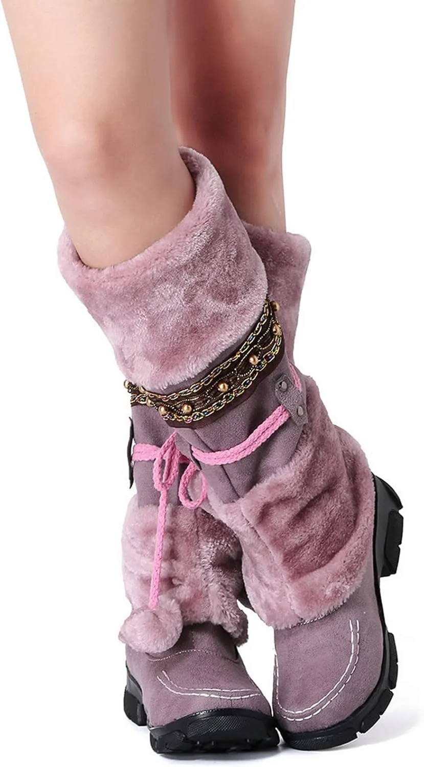 Bcshiye Women's Winter Snow Boots Retro Mid-Calf Fur Lined Warm Shoes Fashion Cold-Resistant Outdoor Knee High Boots