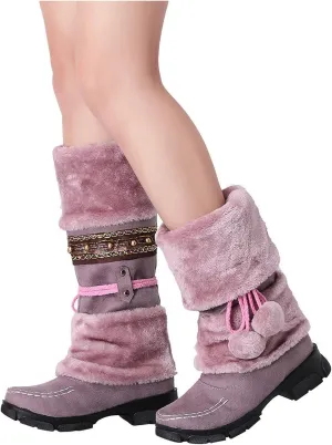 Bcshiye Women's Winter Snow Boots Retro Mid-Calf Fur Lined Warm Shoes Fashion Cold-Resistant Outdoor Knee High Boots