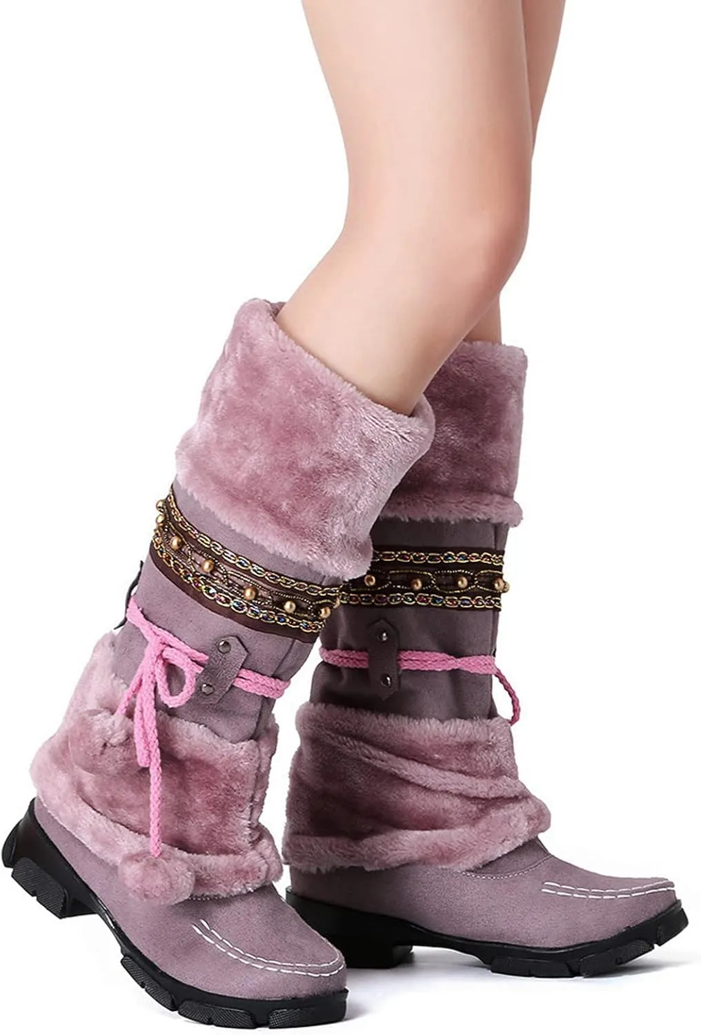 Bcshiye Women's Winter Snow Boots Retro Mid-Calf Fur Lined Warm Shoes Fashion Cold-Resistant Outdoor Knee High Boots