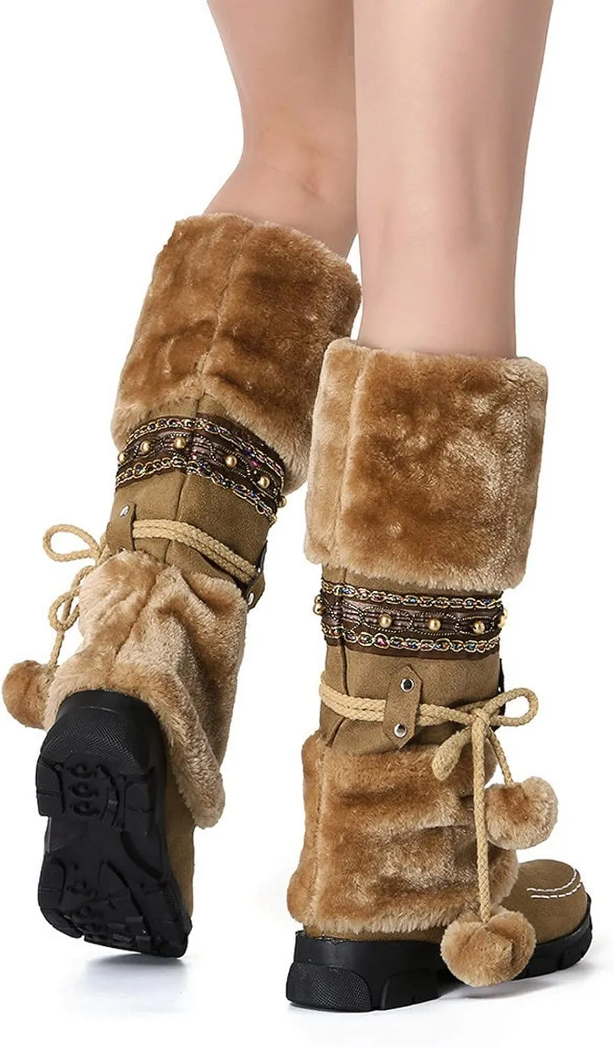 Bcshiye Women's Winter Snow Boots Retro Mid-Calf Fur Lined Warm Shoes Fashion Cold-Resistant Outdoor Knee High Boots