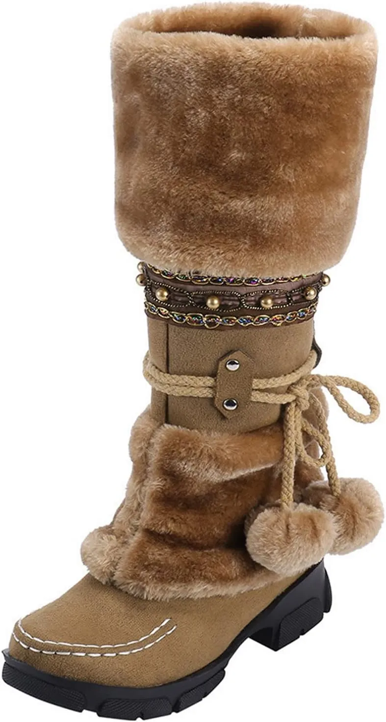 Bcshiye Women's Winter Snow Boots Retro Mid-Calf Fur Lined Warm Shoes Fashion Cold-Resistant Outdoor Knee High Boots