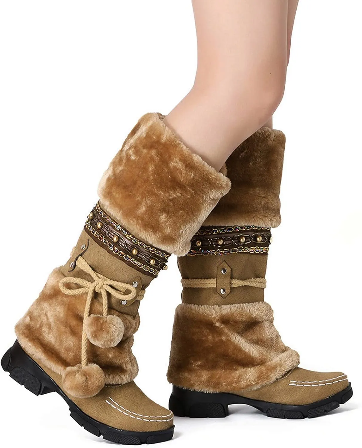 Bcshiye Women's Winter Snow Boots Retro Mid-Calf Fur Lined Warm Shoes Fashion Cold-Resistant Outdoor Knee High Boots
