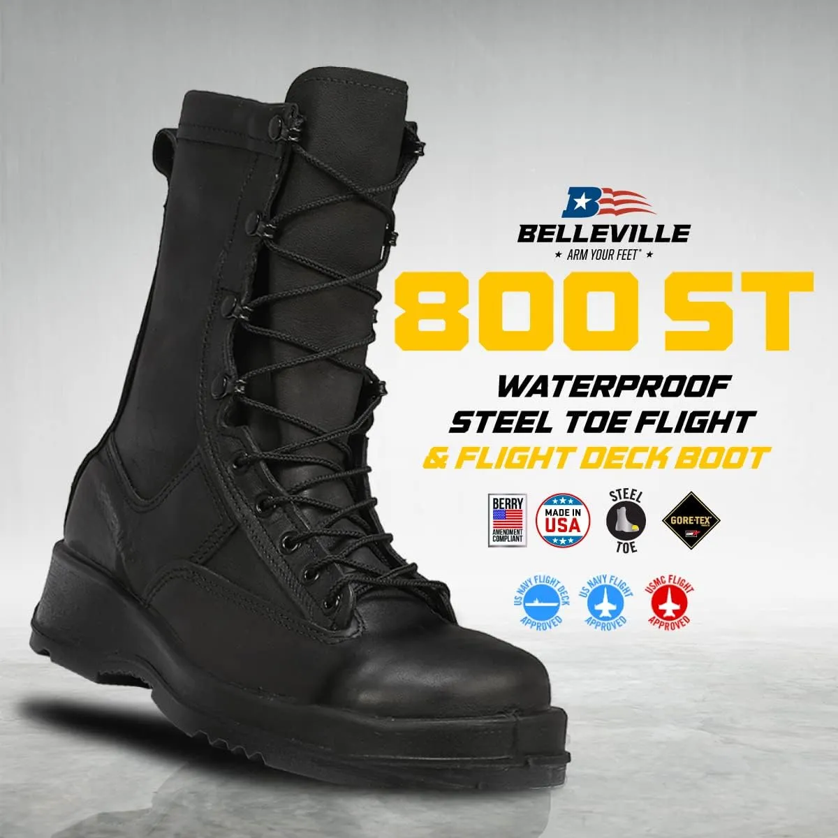Belleville 800 ST 8 Waterproof Steel Toe Flight and Flight Deck Combat Boots for Men - US Navy Black Leather with Gore-Tex Lining and Vibram Outsole; Berry Compliant