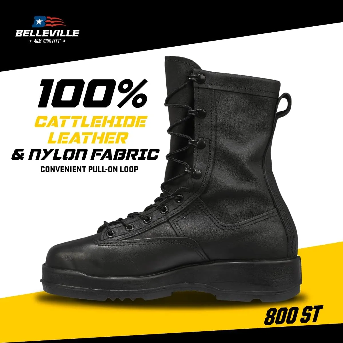 Belleville 800 ST 8 Waterproof Steel Toe Flight and Flight Deck Combat Boots for Men - US Navy Black Leather with Gore-Tex Lining and Vibram Outsole; Berry Compliant