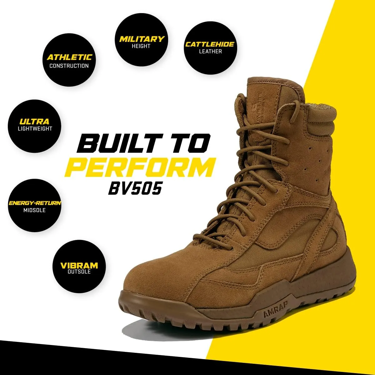 Belleville BV505 8 AMRAP Athletic Field Boot - Coyote Brown Leather & Nylon Combat Boots for Men, Moisture-Wicking Lining, TPU Midsole, and Rubber Outsole