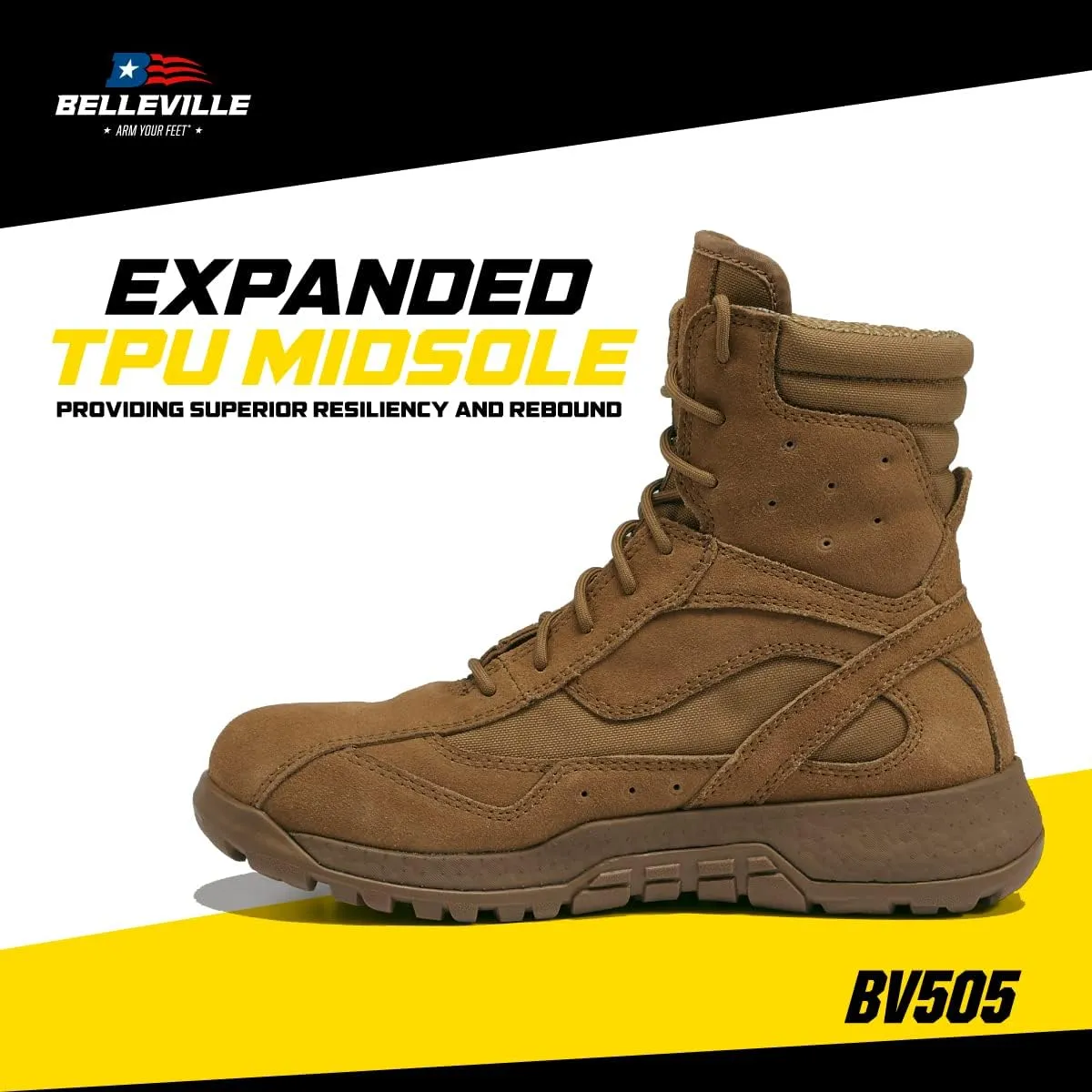 Belleville BV505 8 AMRAP Athletic Field Boot - Coyote Brown Leather & Nylon Combat Boots for Men, Moisture-Wicking Lining, TPU Midsole, and Rubber Outsole