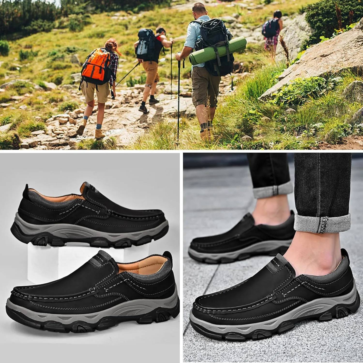 bumuam Men's Waterproof Hiking Shoes, Men's Slip On Hands Non Slip Work Loafers, No Laces Lightweight Breathable Casual Sneaker, for Outdoor Hiking