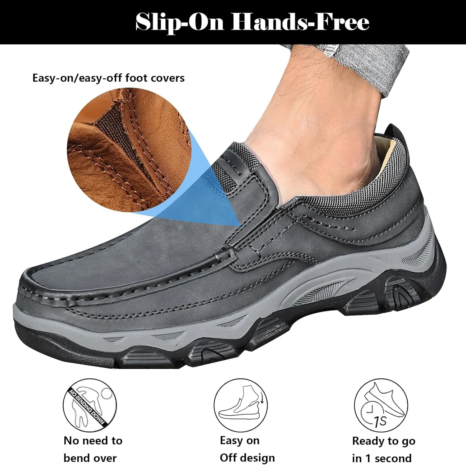 bumuam Men's Waterproof Hiking Shoes, Men's Slip On Hands Non Slip Work Loafers, No Laces Lightweight Breathable Casual Sneaker, for Outdoor Hiking