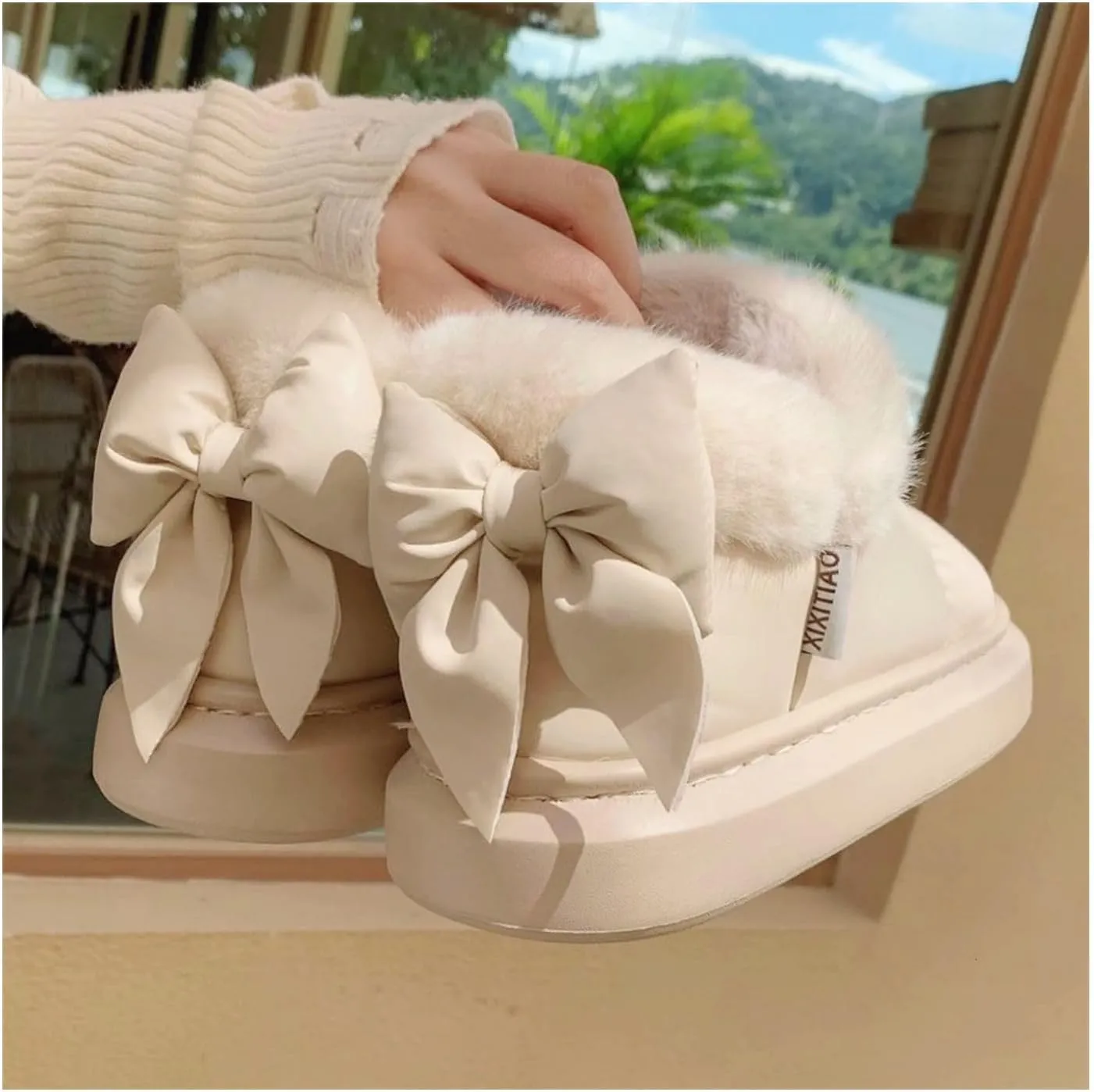 Cute Bow Snow Boots Winter Waterproof Slip Resistant Cold Weather Shoes Indoor Outdoor Warm Fuzzy Fluffy Slippers