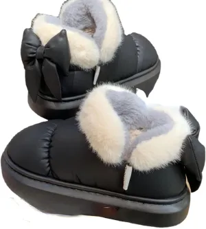 Cute Bow Snow Boots Winter Waterproof Slip Resistant Cold Weather Shoes Indoor Outdoor Warm Fuzzy Fluffy Slippers