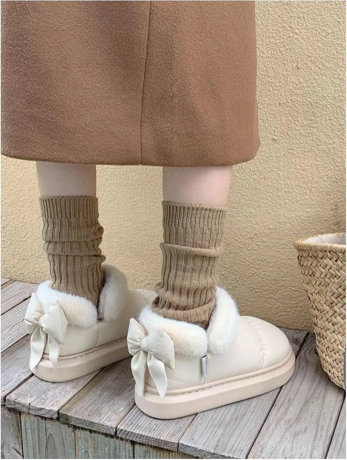 Cute Bow Snow Boots Winter Waterproof Slip Resistant Cold Weather Shoes Indoor Outdoor Warm Fuzzy Fluffy Slippers