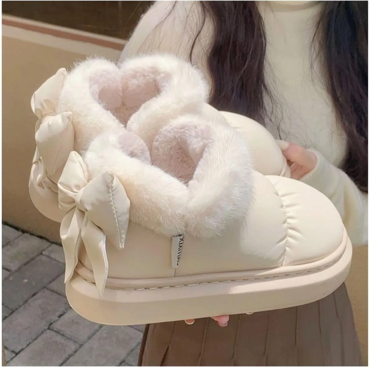 Cute Bow Snow Boots Winter Waterproof Slip Resistant Cold Weather Shoes Indoor Outdoor Warm Fuzzy Fluffy Slippers