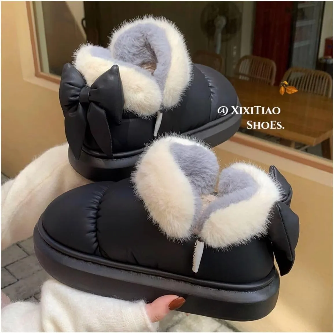 Cute Bow Snow Boots Winter Waterproof Slip Resistant Cold Weather Shoes Indoor Outdoor Warm Fuzzy Fluffy Slippers