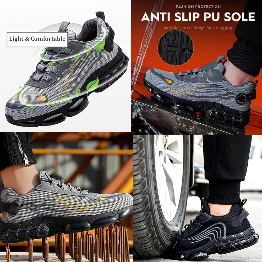 Evontura Steel Toe Shoes Power Trainers, Men's Steel Toe Safety Work Shoes, Comfortable Lightweight Puncture Proof Slip on Indestructible Sneakers, Smash Stab Resistant Air Cushion Shoes (Grey,9)
