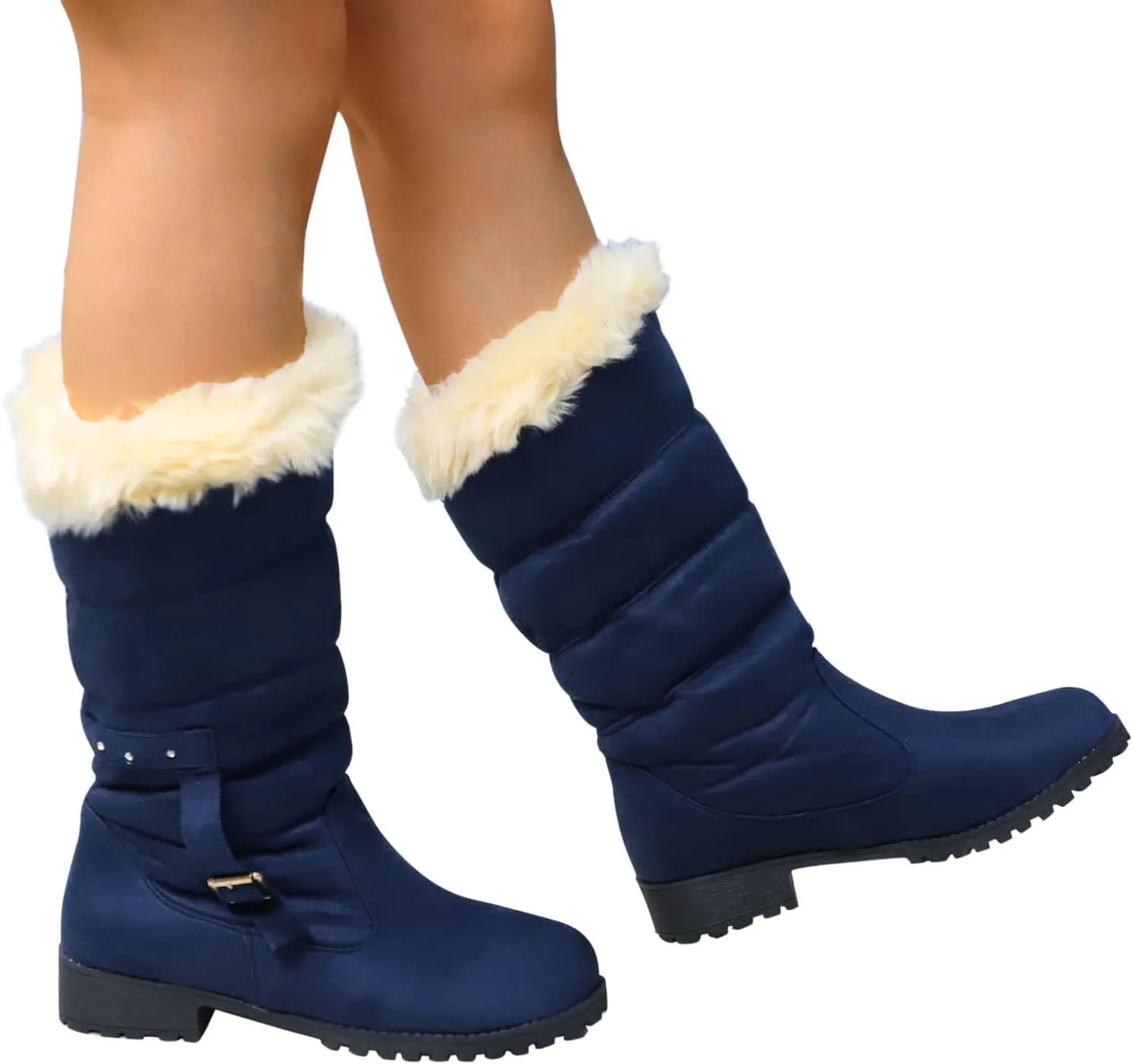 Fashion Belt Furry Boots for Women Cold Proof Insulated Mid Calf Boots Fleece Lined Warm Non Slip Winter Boots