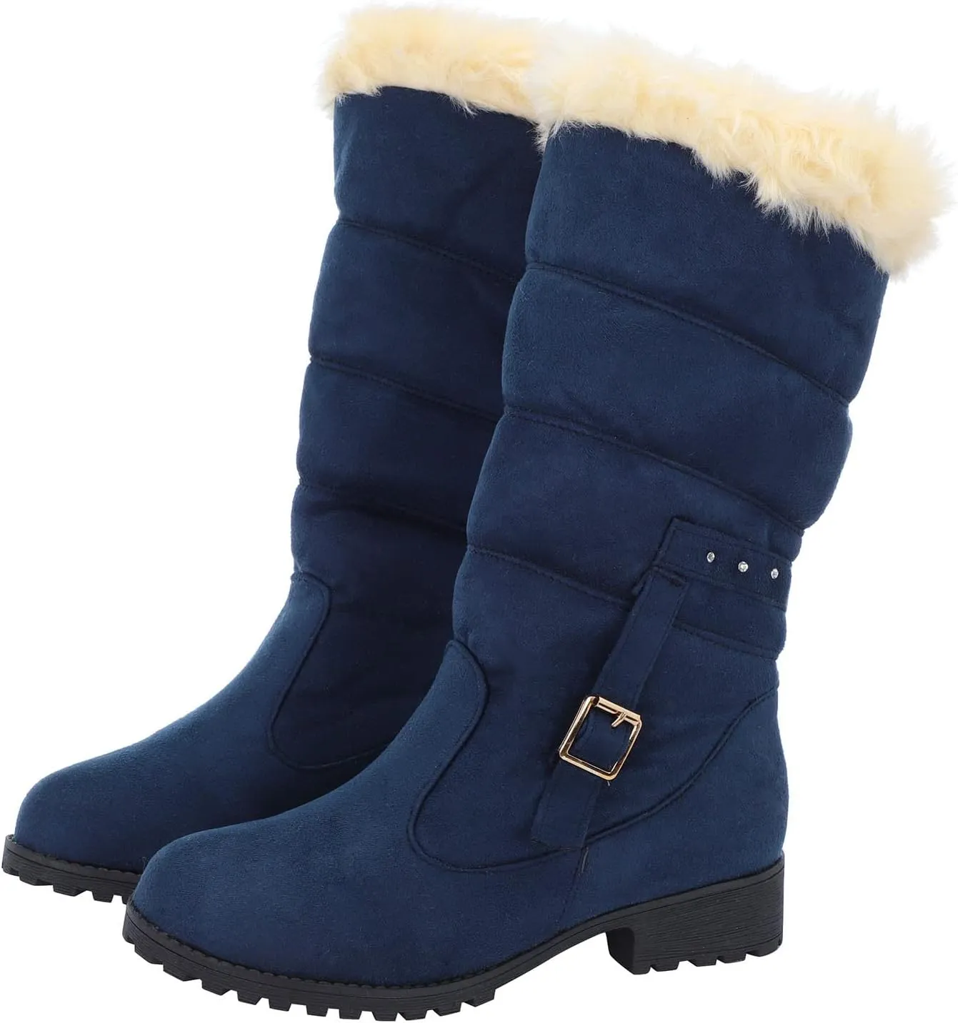 Fashion Belt Furry Boots for Women Cold Proof Insulated Mid Calf Boots Fleece Lined Warm Non Slip Winter Boots