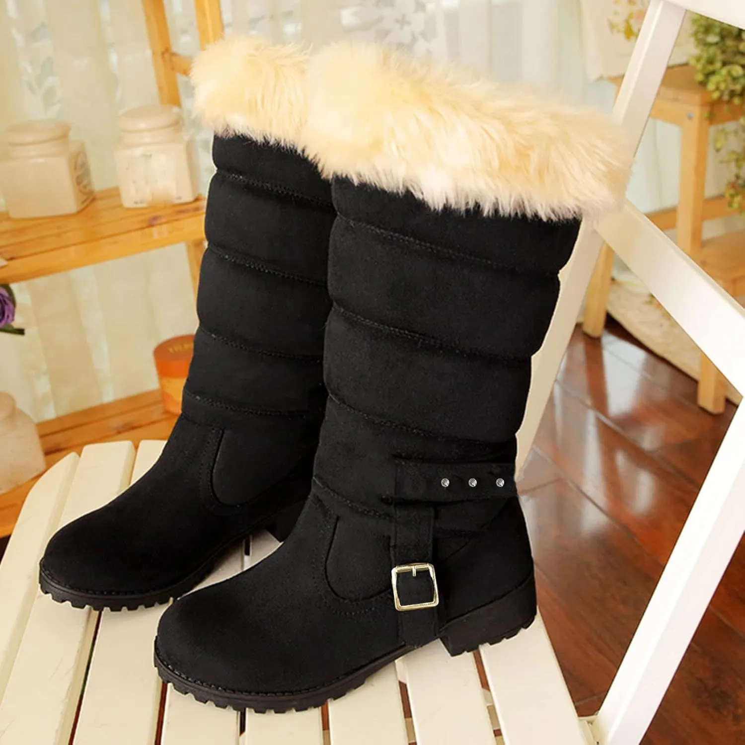 Fashion Belt Furry Boots for Women Cold Proof Insulated Mid Calf Boots Fleece Lined Warm Non Slip Winter Boots