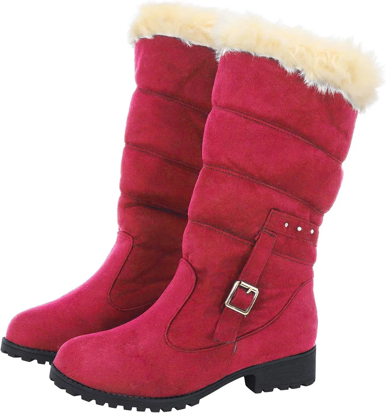 Fashion Belt Furry Boots for Women Cold Proof Insulated Mid Calf Boots Fleece Lined Warm Non Slip Winter Boots