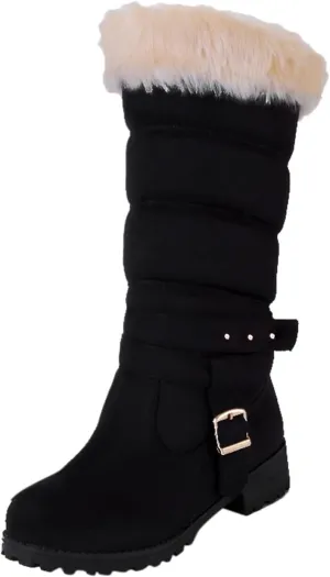 Fashion Belt Furry Boots for Women Cold Proof Insulated Mid Calf Boots Fleece Lined Warm Non Slip Winter Boots