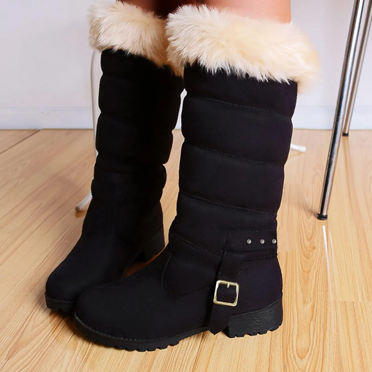 Fashion Belt Furry Boots for Women Cold Proof Insulated Mid Calf Boots Fleece Lined Warm Non Slip Winter Boots
