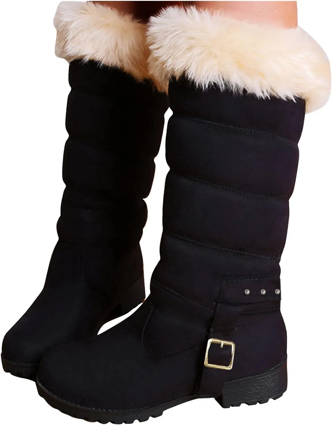Fashion Belt Furry Boots for Women Cold Proof Insulated Mid Calf Boots Fleece Lined Warm Non Slip Winter Boots