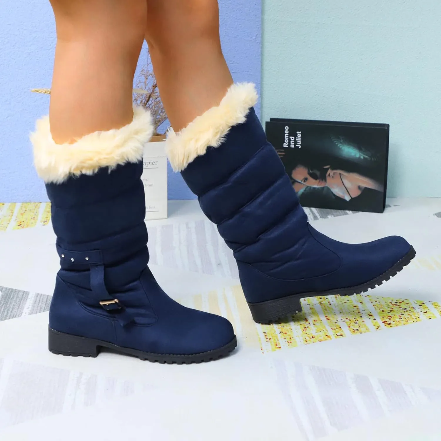 Fashion Belt Furry Boots for Women Cold Proof Insulated Mid Calf Boots Fleece Lined Warm Non Slip Winter Boots