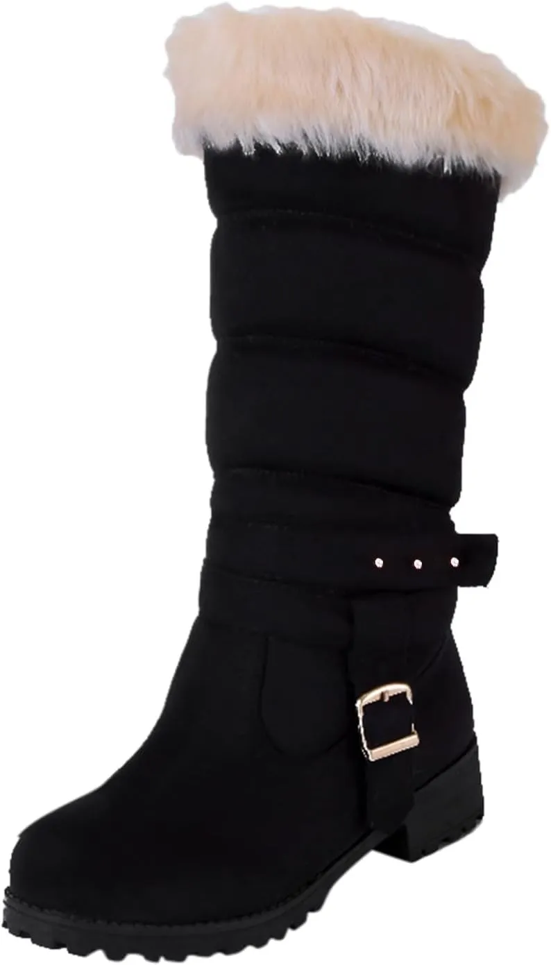 Fashion Belt Furry Boots for Women Cold Proof Insulated Mid Calf Boots Fleece Lined Warm Non Slip Winter Boots