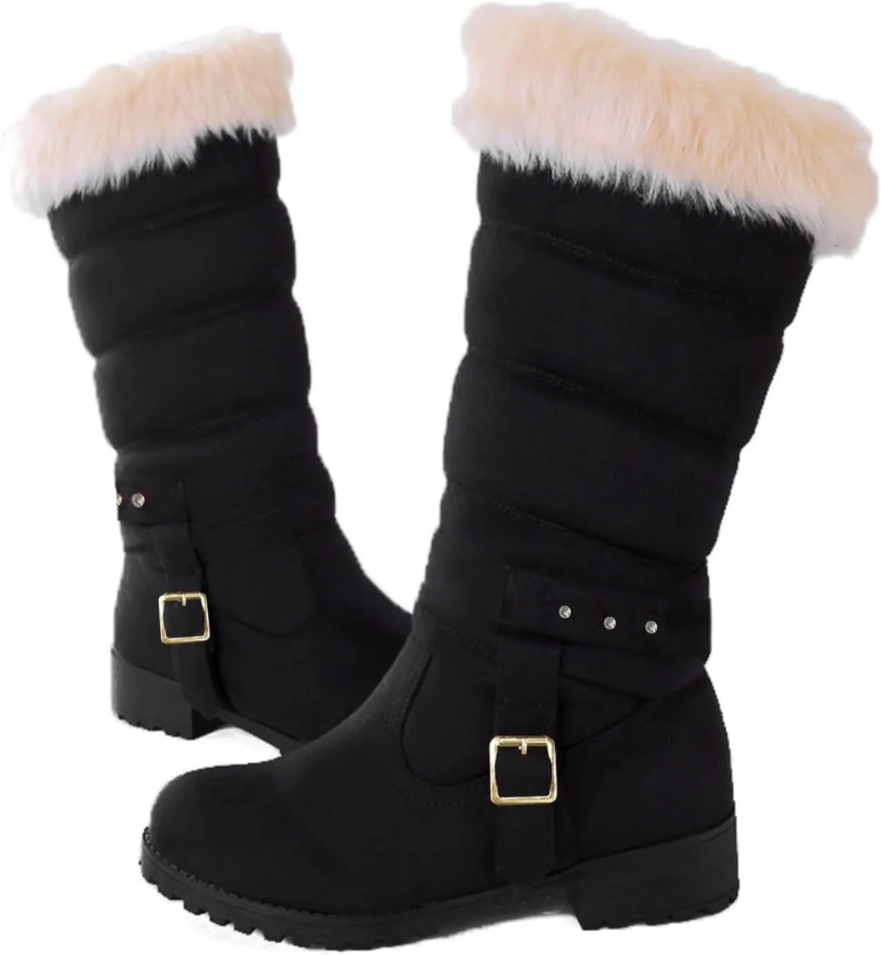 Fashion Belt Furry Boots for Women Cold Proof Insulated Mid Calf Boots Fleece Lined Warm Non Slip Winter Boots