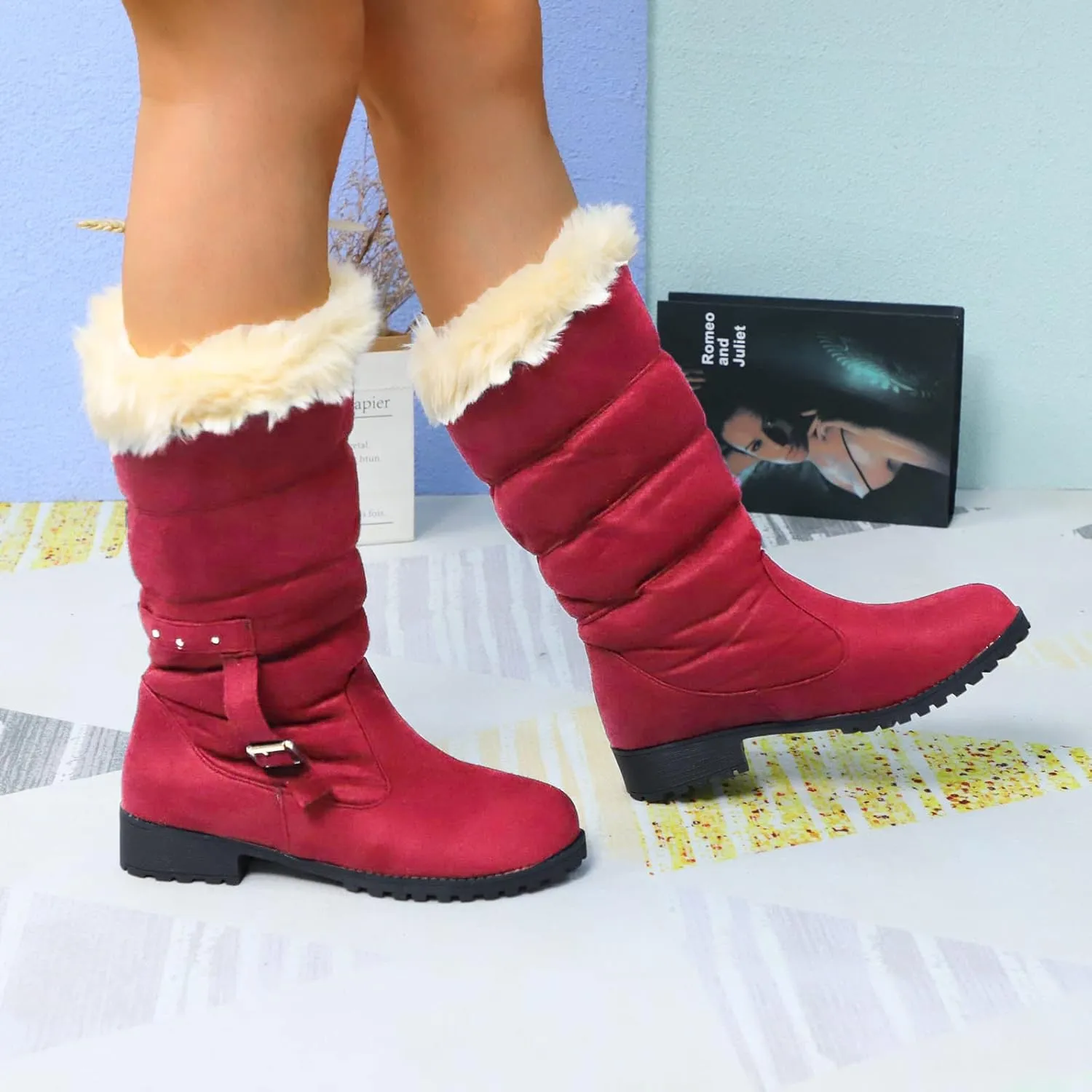 Fashion Belt Furry Boots for Women Cold Proof Insulated Mid Calf Boots Fleece Lined Warm Non Slip Winter Boots