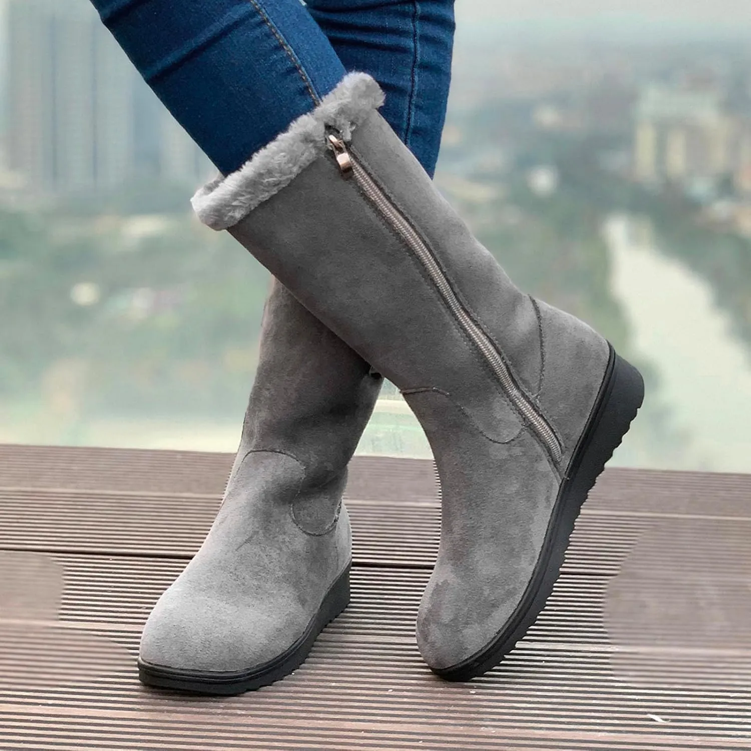 Fashion Flock Boots for Women Cold Proof Insulated Snow Boots Flat Soled Winter Furry Boots Mid Calf Rain Boots