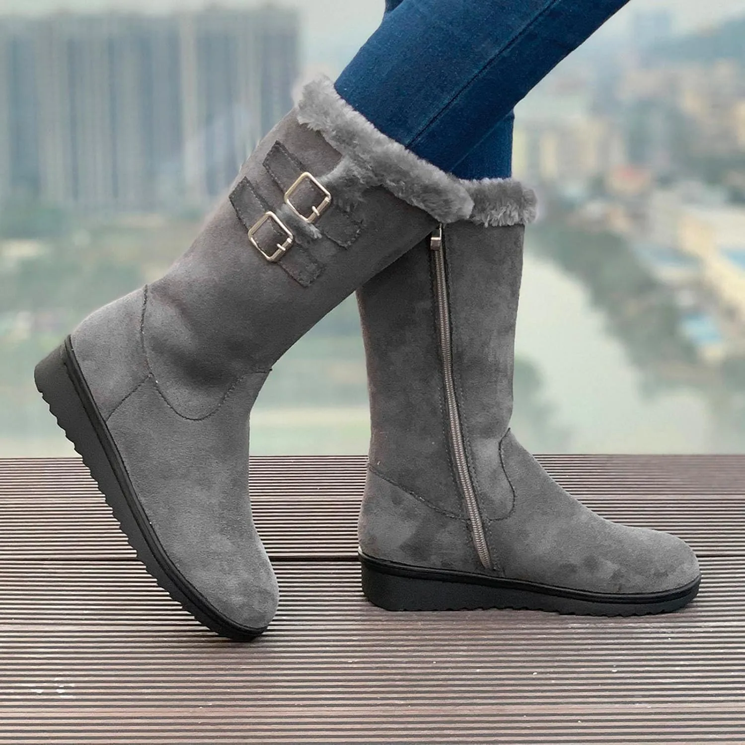 Fashion Flock Boots for Women Cold Proof Insulated Snow Boots Flat Soled Winter Furry Boots Mid Calf Rain Boots