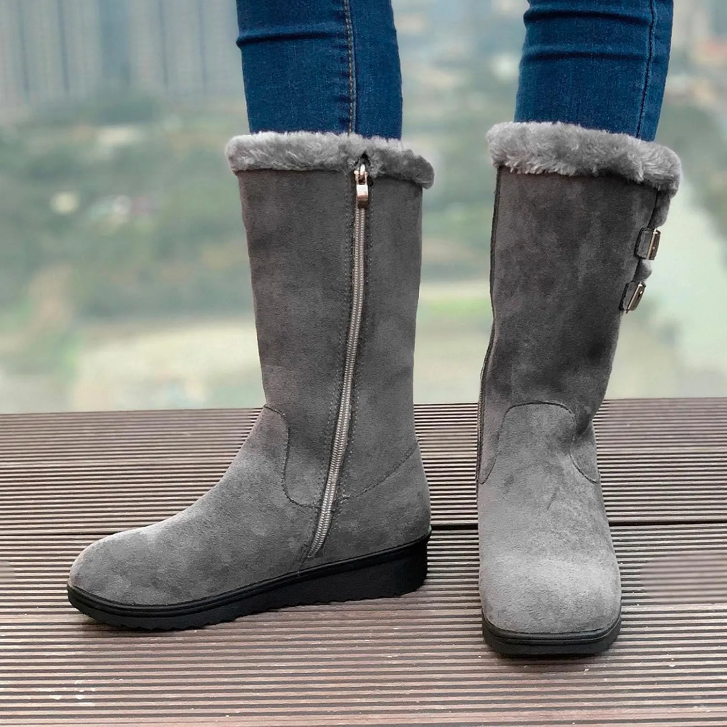 Fashion Flock Boots for Women Cold Proof Insulated Snow Boots Flat Soled Winter Furry Boots Mid Calf Rain Boots