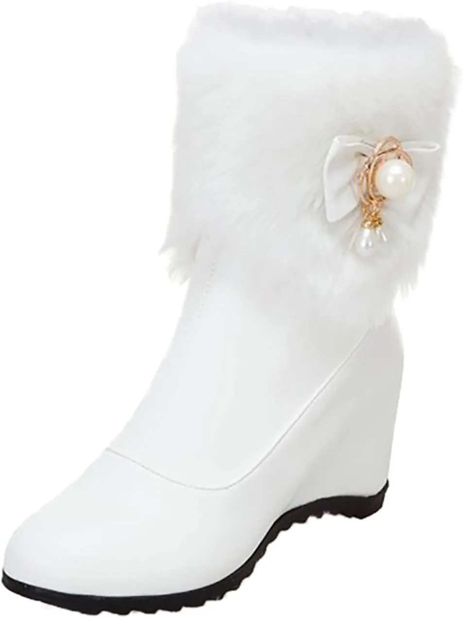 Fashion Leather Boots for Women Solid Side Zipper Wedge Boots Proof Winter Insulated Mid Calf Fuzzy Boots