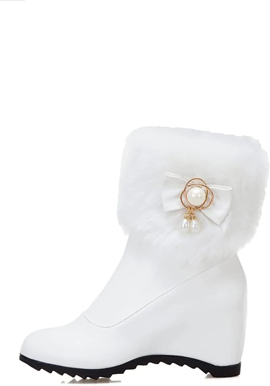 Fashion Leather Boots for Women Solid Side Zipper Wedge Boots Proof Winter Insulated Mid Calf Fuzzy Boots