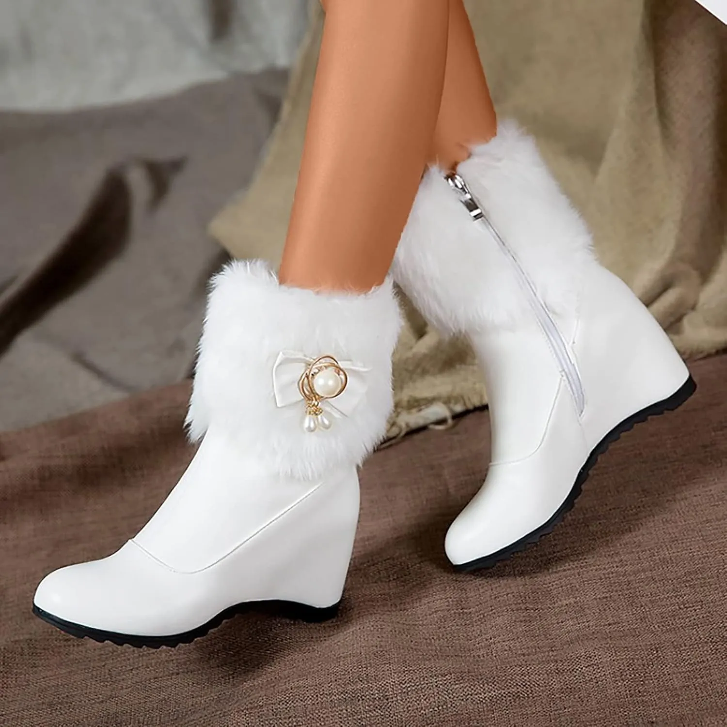 Fashion Leather Boots for Women Solid Side Zipper Wedge Boots Proof Winter Insulated Mid Calf Fuzzy Boots