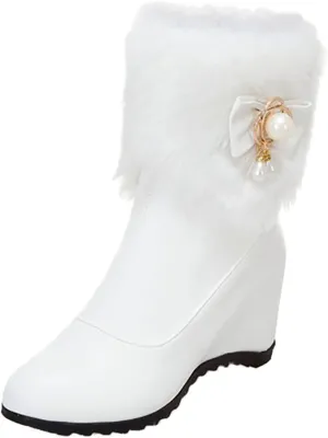 Fashion Leather Boots for Women Solid Side Zipper Wedge Boots Proof Winter Insulated Mid Calf Fuzzy Boots