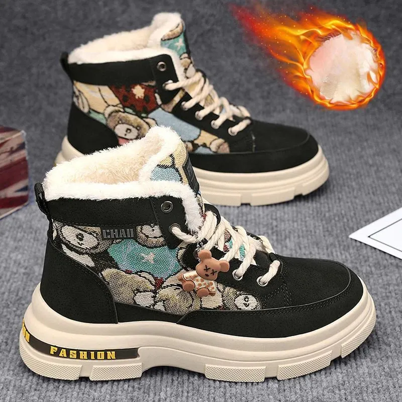Fashion Plush Warm Shoes Outdoor Sneakers Lace Up Non-Slip Ankle Boots.