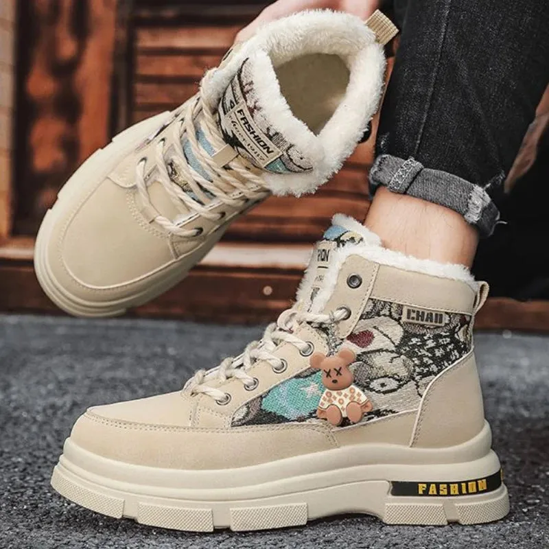 Fashion Plush Warm Shoes Outdoor Sneakers Lace Up Non-Slip Ankle Boots.