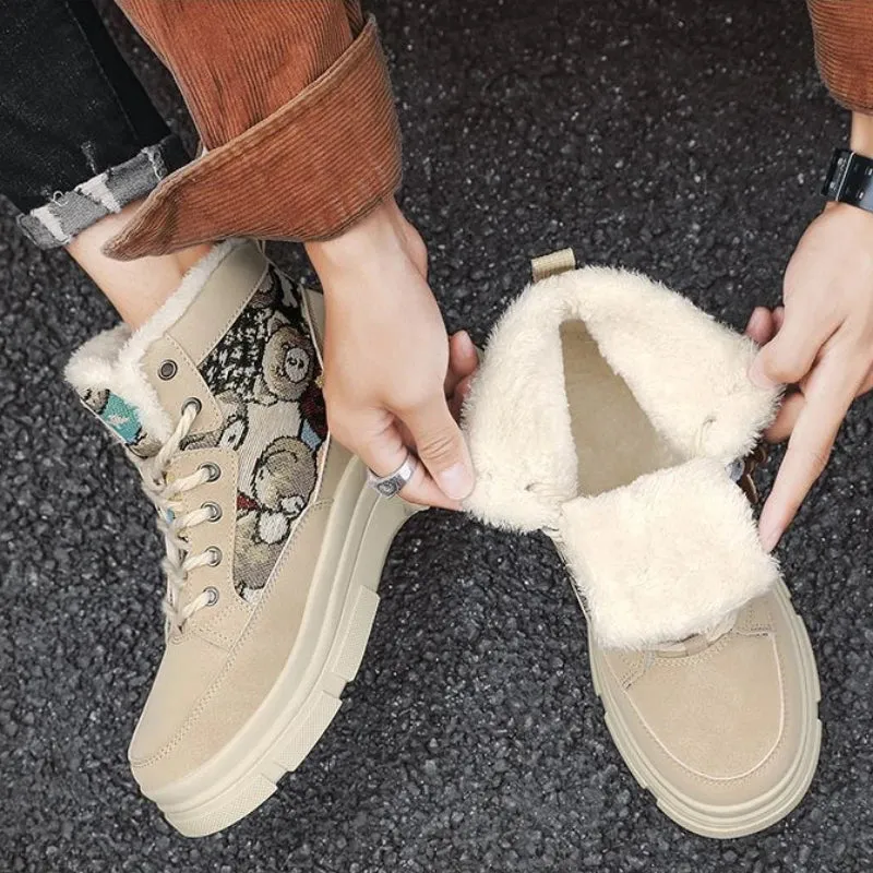 Fashion Plush Warm Shoes Outdoor Sneakers Lace Up Non-Slip Ankle Boots.