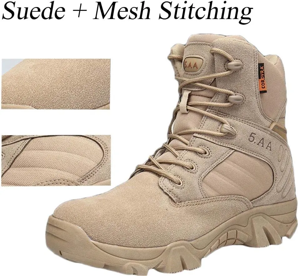 GEXECEUSS Men's Military Tactical Boots Lightweight Combat Outdoor Rubber Outsole Boots Desert Boots Side Zip Leather Cargo Boots
